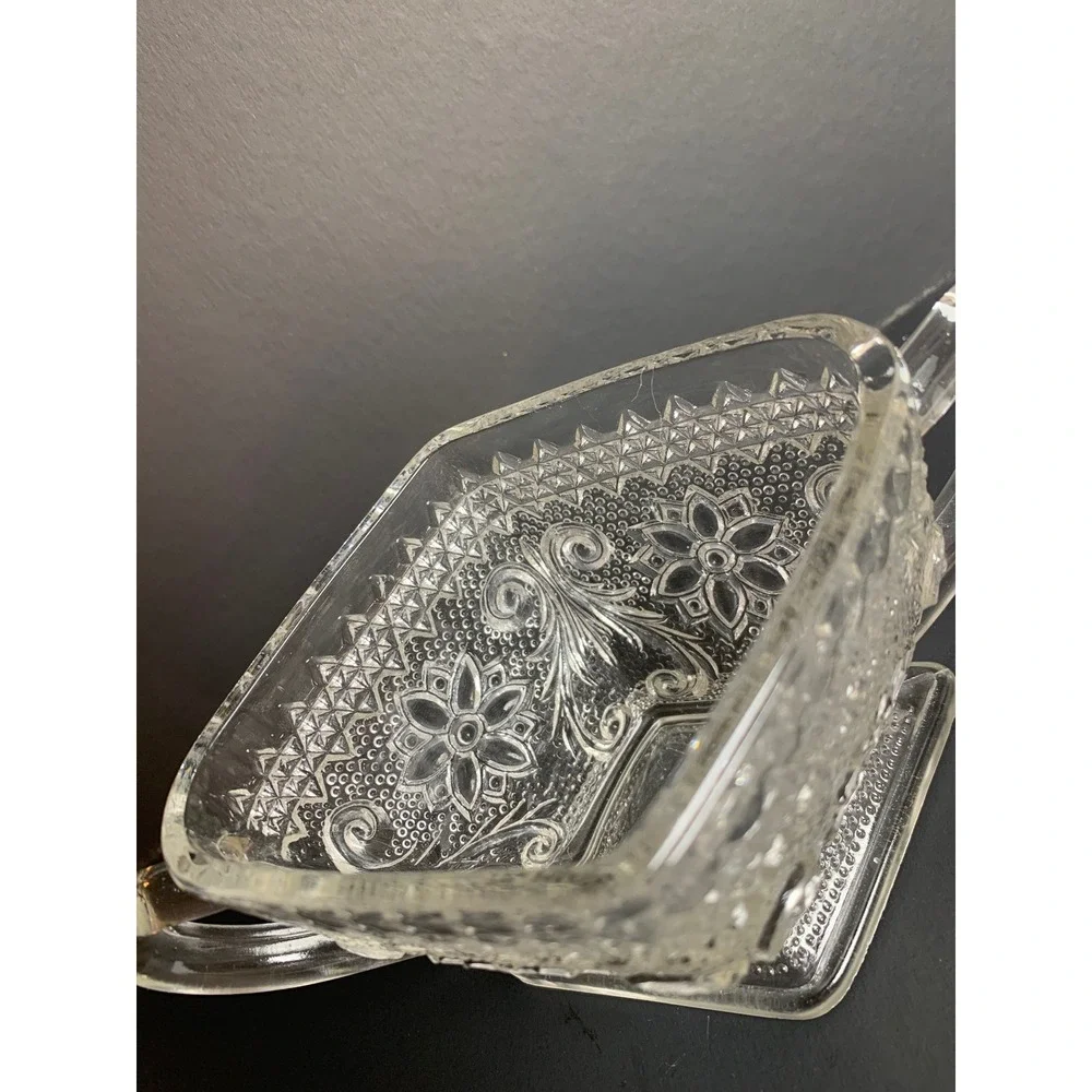 Vintage Clear Pressed Glass Sugar Bowl Diamond Point Floral Scroll Double Handle